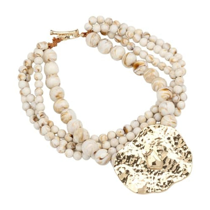 Multi Strand Bead Pendant Necklace for Women Stone Wood Pearl Jewelry | Gold Color Metal Charm Fashion Ethnic Tribal Elegant Statement - color: N1537-white