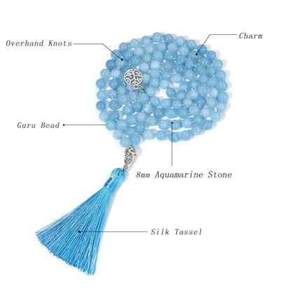 108 Mala Beads Necklace Semi-Precious Gem Stones Meditation Necklace 108 Hand Knotted Japa Mala Beaded Tassel Necklace with Tree of Life Pendant - color: Aquamarine