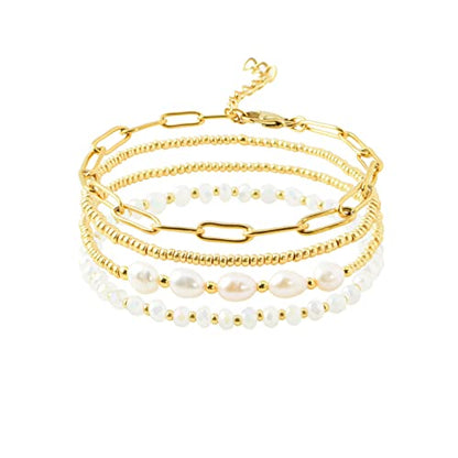 Dainty Gold Plated Pearl Crystal Beaded Bracelets Set for Women 14K Gold Plated Bead Pearl Beads Bracelet Stackable Paperclip Link Chain Bracelets Gold Plated Bracelets for Women Trendy Jewelry - color: Style2