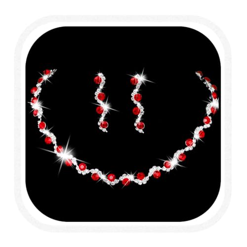 Bride Silver Necklace Earrings Set Crystal Bridal Wedding Jewelry Set Rhinestone Choker Necklace for Women and Brides - color: Red