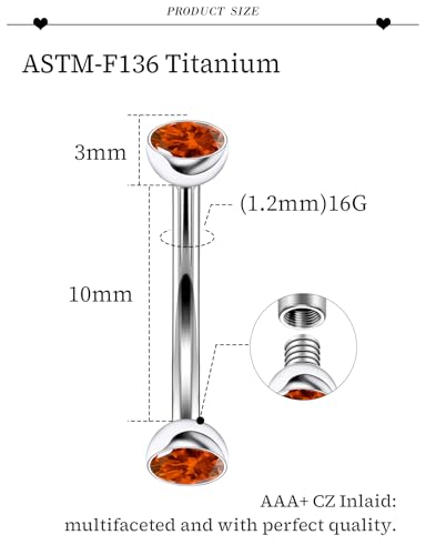 16G Astm F136 Titanium Eyebrow Piercing Jewelry Curved Barbell Eyebrow Ring Vertical Labret Lip Jewelry Daith Rook Earrings Navel Small Belly Button Ring Piercing Jewelry for Women Men CZ - style: 16G, 10MM Length, Round Orange CZ