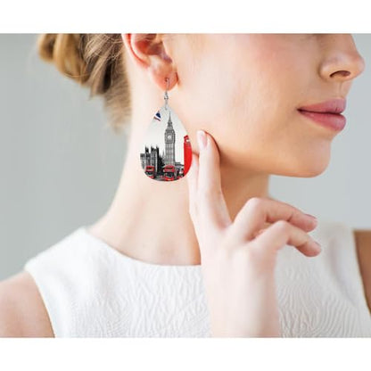 London Street Woman Earrings, Retro British Architecture Big Ben Double Decker Bus Telephone Booth Lightweight Leather Dangle Teardrop Earrings Jewelry For Ladies Friends - color: London Street