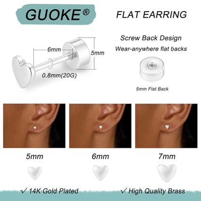 3 Pair Tiny Flat Back Earrings for Women - 14K Gold/White Gold Plated Dainty Cute Small Screw Flatback Stud Earring, Everyday Wear Gift - color: Heart Flat-5/6/7mm Silver