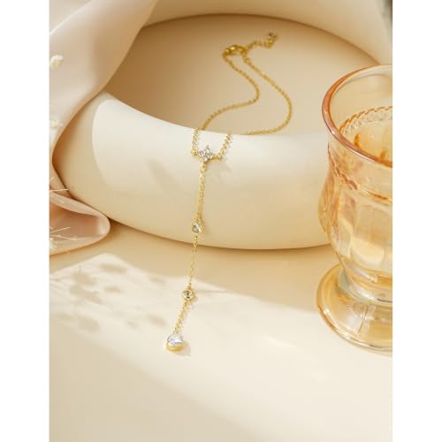 14K Gold Plated Layered Lariat Necklace for Women - Waterproof Non-Tarnish Dainty Gold Chain Necklace, Long Boho Statement Jewelry for Wedding, Prom, Summer Vacation Gifts - color: Four CZ Y Necklace-Gold