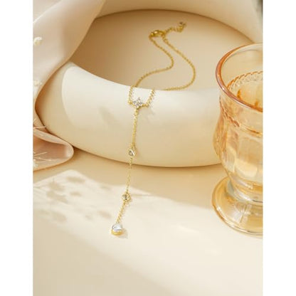 14K Gold Plated Layered Lariat Necklace for Women - Waterproof Non-Tarnish Dainty Gold Chain Necklace, Long Boho Statement Jewelry for Wedding, Prom, Summer Vacation Gifts - color: Four CZ Y Necklace-Gold