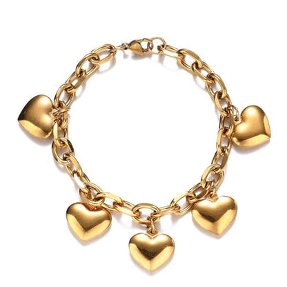 Stainless Steel Heart Charms Bracelet for Women | Chain Tassel, Love Charms, Chunky Link, Romantic Gift - color: Gold