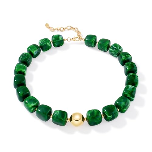 Chunky Beaded Necklace for Women Boho Statement Bead Necklace Adjustable Choker with Polished Disc/Square Beads Trendy Summer Beach Jewelry Gifts - color: Green