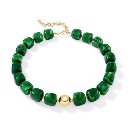 Chunky Beaded Necklace for Women Boho Statement Bead Necklace Adjustable Choker with Polished Disc/Square Beads Trendy Summer Beach Jewelry Gifts - color: Green