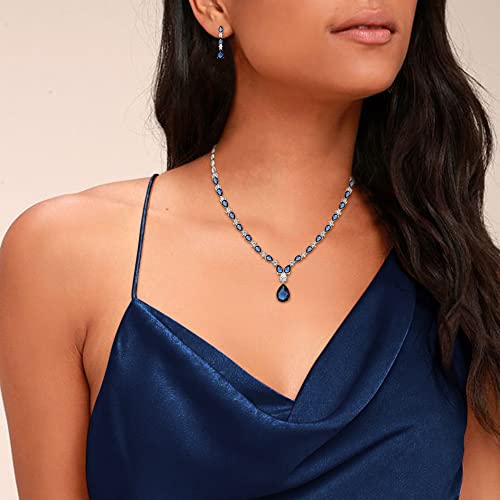 EVER FAITH Pear Shaped Cubic Zirconia Bridal Wedding Jewelry Set for Women | Gorgeous Water Drop Bride Necklace Dangle Earrings, for Bride Bridesmaid - color: Blue