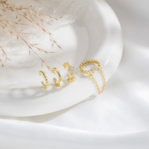 14K Gold Plated Ear Cuff Earrings for Women, Dainty Ear Cuffs Non Piercing Clip on Earrings Trendy Non pierced Cubic Zirconia Fake Hoop Earring Jewelry Sets for Women - color: Gold-5