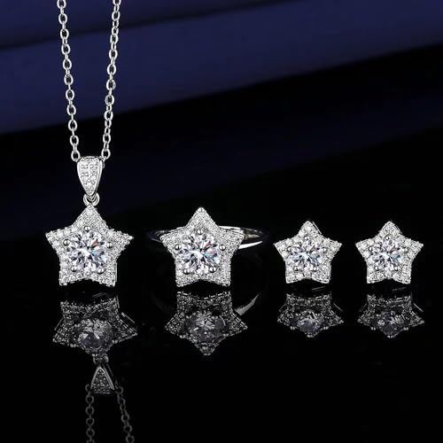 Elegant Jewelry Set Necklace for Women，Adjustable Dainty Cubic Zirconia Trendy Choker Pendant Necklace+Earrings+Ring, Mother's Day Valentine's Day Gifts Pendant Set for Women 3PCS - color: White star