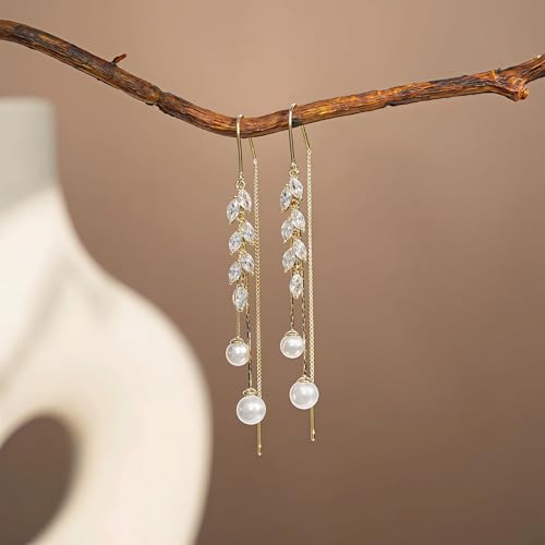 14K Gold Plated CZ Flower Dangle Earrings for Women, Sparkly Cubic Zirconia Long Tassel Drop Earrings, Bridal Wedding Jewelry - color: F:Leaf Pearl Earrings