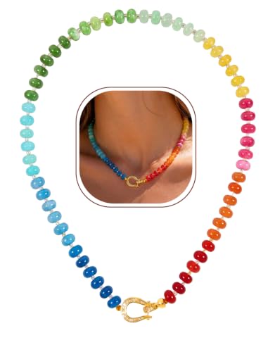 Beaded Necklaces for Women, Boho Colorful Bead Choker Necklace | Natural Gemstones, Summer Beach Jewelry, 18K Gold Plated, Handmade, Gift for Her,Charm Necklace - color: Rainbow-U-Shaped Clasp