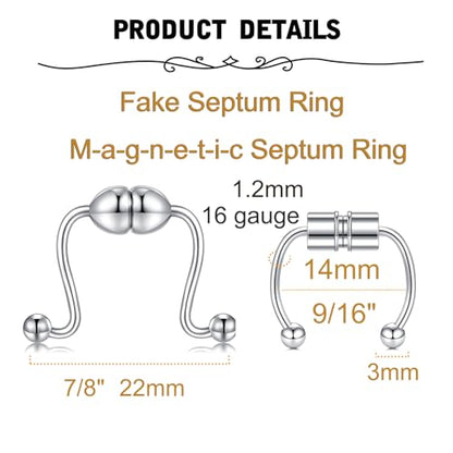 Fake Nose Ring Hoop Double Fake Septum Rings Fake Nose Piercing Clip on Earring Hoops Faux Nose Rings Lip Ring - color: A11-Fake septum-silver