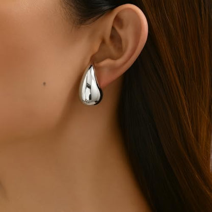 14K Gold Clip On Earrings Women,Teardrop Chunky Detachable Hoop Clip-On Earrings for Non Pierced Ears Hypoallergenic Lightweight Earring Clips - color: Silver