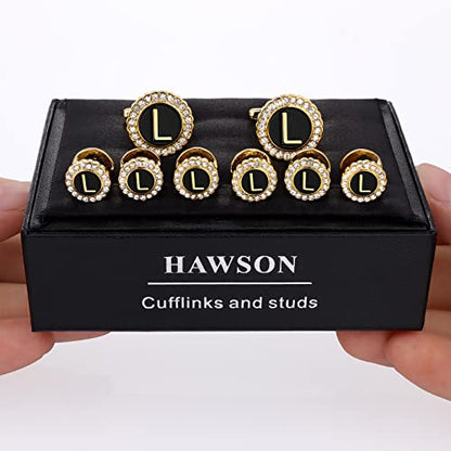 HAWSON 18K Gold Tone Initial Cufflinks for Men with Tuxedo Studs - Gift Boxed, Stylish Men's Jewelry Accessories for Weddings, Birthdays, Anniversaries, Father's Day - color: L-Cufflinks & Studs Set