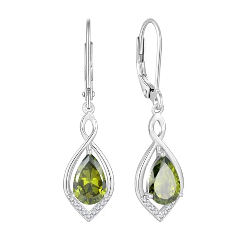 Infinity Teardrop Earrings 925 Sterling Silver Dangle Drop Leverback Earrings Birthstone Jewelry for Women - color: Olive Green