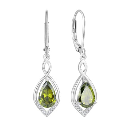 Infinity Teardrop Earrings 925 Sterling Silver Dangle Drop Leverback Earrings Birthstone Jewelry for Women - color: Olive Green