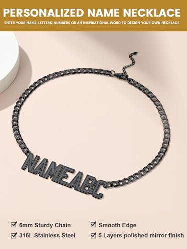 GoldChic JEWELRY Name Necklace Personalized for Men, Womens Custom Name Plate Chain, Stainless Steel Customized Old English Nameplate Choker with Curb Chains Custom, 16 inches to 30 inches - color: Cuban Chain 6 mm-Black(Large Pendant)