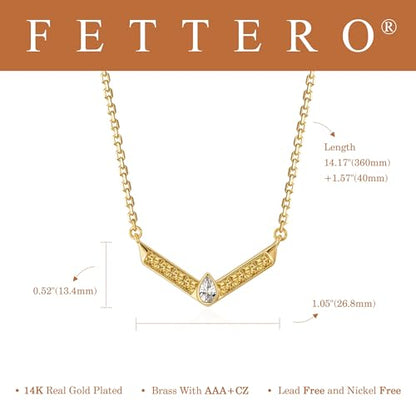 Fettero Dainty 14K Gold Plated Cubic Zirconia Necklaces for Women, Simple Bar Pendant Necklace, Mix-color Rainbow Jewelry Gold Necklace for Women Trendy Gifts - style: V Bar