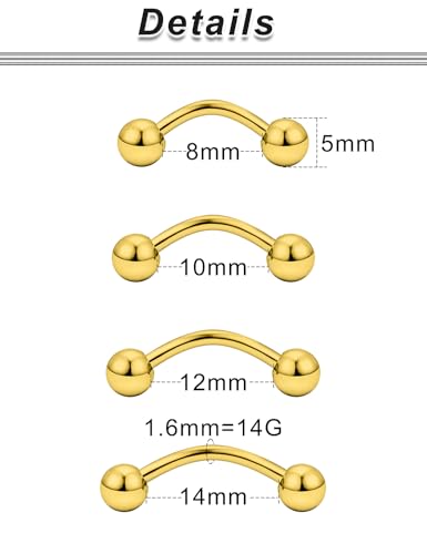 20G 16G 14G 12G Eyebrow Rook Daith Piercing Jewelry 316L Surgical Steel Vertical Lip Labret Belly Button Ring Snake Eyes Tongue Ring Curved Barbell 6mm(1/4") 8mm(5/16") 10mm (3/8") 12mm(1/2") - color: Gold, size: 14G(1.6mm)-8/10/12/14mm Bars