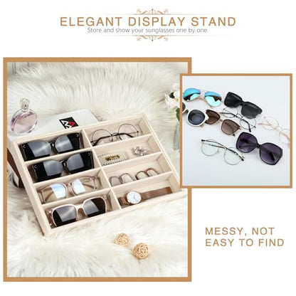 Emibele Sunglass Organizer Jewelry Tray, 8 Grids Velvet Glasses Watch Storage Stackable Tray, Eyeglasses Jewelry Showcase Display Organizer，Beige | Detachable Glasses Eyeglasses Jewelry Watch Storage Showcase Display Tray, Beige - style: B1- eight Grids-B