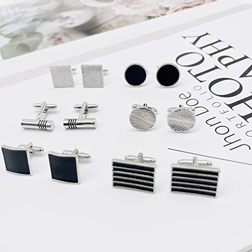 12 Pairs Cufflinks for Men Silver Black Striped Disc Square Rectangle Cuff Links Shirt Suit Men’s Cufflinks For Wedding Groom Business Elegant Gift Box - style: Mixed