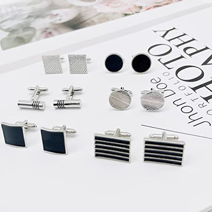 12 Pairs Cufflinks for Men Silver Black Striped Disc Square Rectangle Cuff Links Shirt Suit Men’s Cufflinks For Wedding Groom Business Elegant Gift Box - style: Mixed