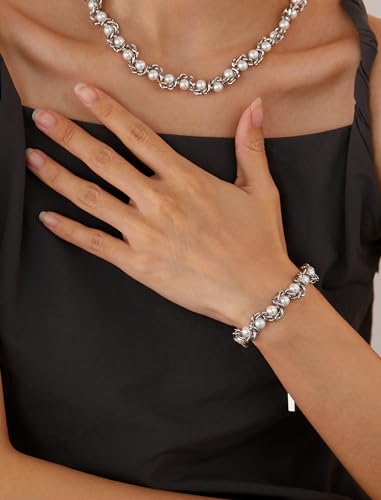 Faux Pearl Chain Bracelet for Women, White Silver Gold Plated Stainless Steel Link Cuff Bridal Wedding Christmas Valentine's Day Mother's Day Anniversary Birthday Jewelry Gifts Box for Her