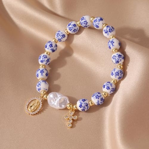 Vintage Ceramic Beads Bracelets for Women Virgin Mary Cross Charm Cubic Zirconia Blue White Porcelain Gold Tone Faux Pearl Stretch Jewelry Gifts