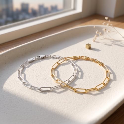 925 Sterling Silver Bracelet for Women，5MM Paperclip Chain Bracelet Sterling Silver Chain Bracelets Dainty Smooth Jewelry Gifts for Girlfriend Mother Wife 6/6.5/7/7.5/8 Inch - color: Gold