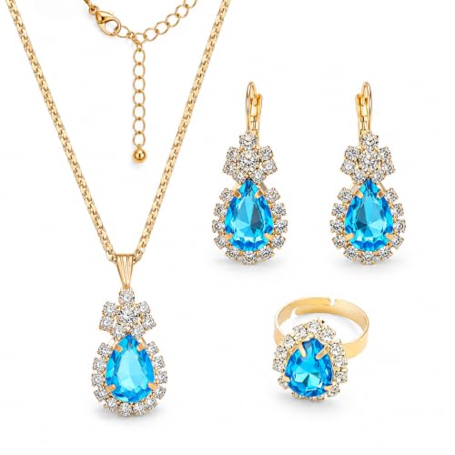 Blue Crystal Jewelry Set for Women, Teardrop Pendant Necklace Earrings Ring Set with Rhinestones, Gold Tone Bridal Jewelry Gift for Party Wedding