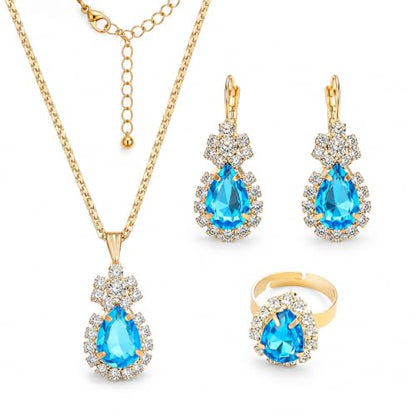 Blue Crystal Jewelry Set for Women, Teardrop Pendant Necklace Earrings Ring Set with Rhinestones, Gold Tone Bridal Jewelry Gift for Party Wedding