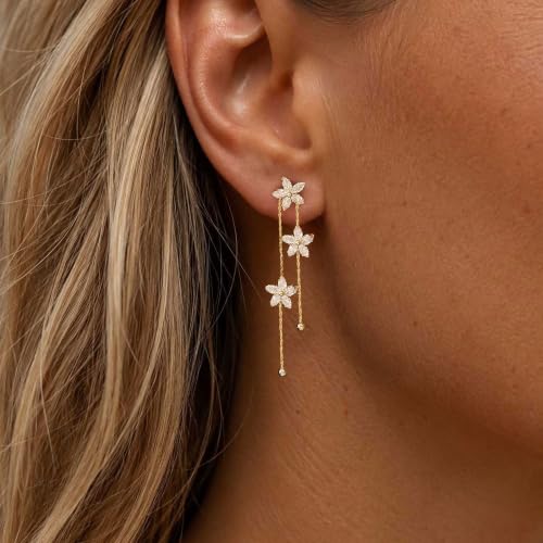 Dangle Earrings for Women, Formal Teardrop Drop Earrings Dainty Wedding Bridal Dangling Earrings 14k Gold Plated Long Gold Earrings for Women Trendy Hypoallergenic Waterproof Prom Jewelry - color: Gold-Flower