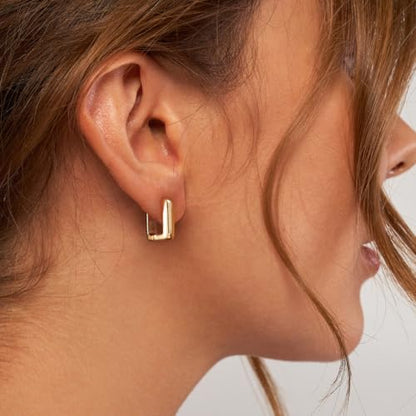 LLWOM Gold Huggie Earrings for Women-14k Gold/Silver/Rose/Black Plated Heart Hoop Earrings Hypoallergenic Lightweight Hoops Gifts - style: Square
