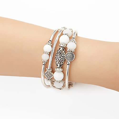 FULU AUTUMN Stackable Beaded Bracelets for Women Boho Wrap Silver Bracelet Layered Fashion Jewelry Gifts for Her - color: Porcelain White