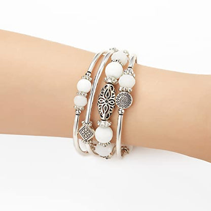 FULU AUTUMN Stackable Beaded Bracelets for Women Boho Wrap Silver Bracelet Layered Fashion Jewelry Gifts for Her - color: Porcelain White