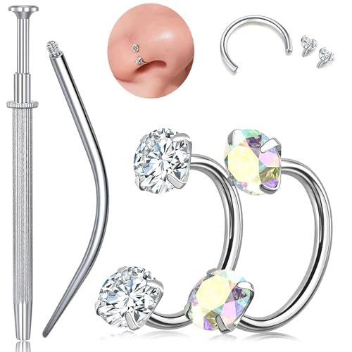 G23 Titanium Horseshoe Nose Ring 20G, 2 Pcs Double Gem Nose Ring for Women, 6mm 7mm 8mm Hypoallergenic Horseshoe Nose Rings Helix Tragus Earring Hoops Labret Lip Piercing Jewelry Small Septum Rings - color: 20G-8mm-2Pcs Silver-White & AB CZ