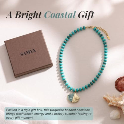 SAMYA Gemstone Beaded Necklace for Women, Natural Stone Ocean Jewelry | Fish or Seashell Pendant Beach Necklace, Gold Spacer Accents, Reinforced Stainless Steel Clasp, Adjustable 16"+2" - color: Turquoise