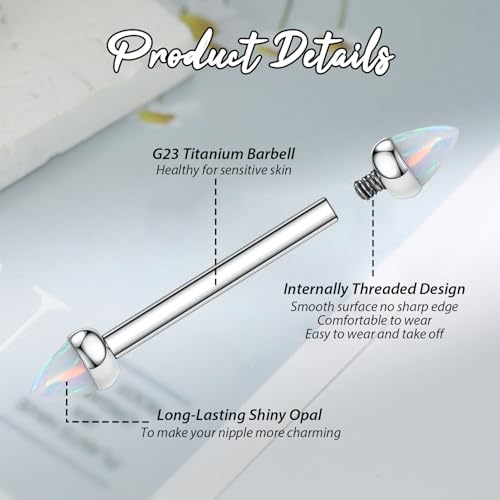 GAGABODY G23 Titanium Pair 14G Nipple Rings Tongue Jewelry Bridge Piercing | Internal Threaded Used in Nipple,Tongue,Bridge 14G Length from 12mm to 18mm Lightweight Daily Wear for Unisex Sensitive Skin - color: STYLE1B-Silver+Bullet White Opal, size: 14G+