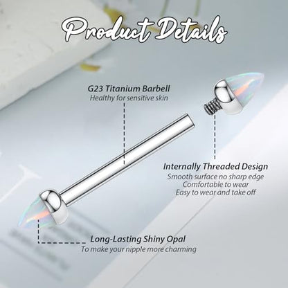 GAGABODY G23 Titanium Pair 14G Nipple Rings Tongue Jewelry Bridge Piercing | Internal Threaded Used in Nipple,Tongue,Bridge 14G Length from 12mm to 18mm Lightweight Daily Wear for Unisex Sensitive Skin - color: STYLE1B-Silver+Bullet White Opal, size: 14G+