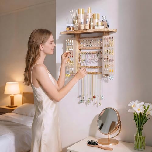 Emfogo Jewelry Organizer Hanging Wall Mounted Jewelry Holder, 5-in-1 Large Capacity Necklace Organizer Display for Ring, Necklaces, Bracelets, Earrings (Rustic Wood) - color: Rustic Wood