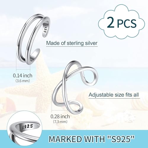ChicSilver Toe Rings for Women 925 Sterling Silver Adjustable Toe Ring | 925 sterling silver, hypoallergenic for sensitive skin, adjustable open band, summer beach wear gift - color: K: Simple Rings Set (2 PCS)