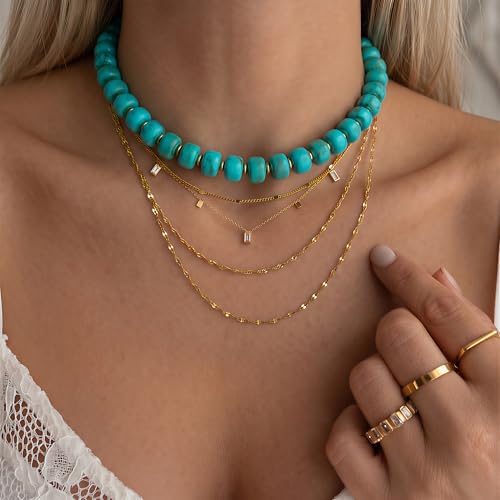 Chunky Beaded Necklace for Women, Colorful Boho Statement Necklace, Gold Chunky Resin Large Bead Necklace, Waterproof Summer Beach Jewelry Gifts for Women - color: Turquoise