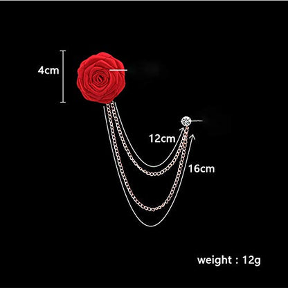 Fashion Bridegroom Wedding Brooches Cloth Art Hand-Made Rose Flower Brooch Lapel Pin Badge Tassel Chain Men's Suit Accessories - color: Black