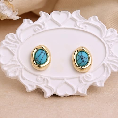 Jean Beau Chunky Gold Stone Stud Earrings for Women, Trendy Natural Gemstone Hypoallergenic Earing Valentine Jewelry Gift - color: Turquoise