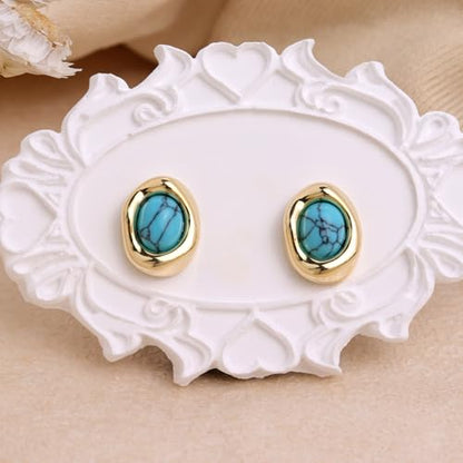 Jean Beau Chunky Gold Stone Stud Earrings for Women, Trendy Natural Gemstone Hypoallergenic Earing Valentine Jewelry Gift - color: Turquoise