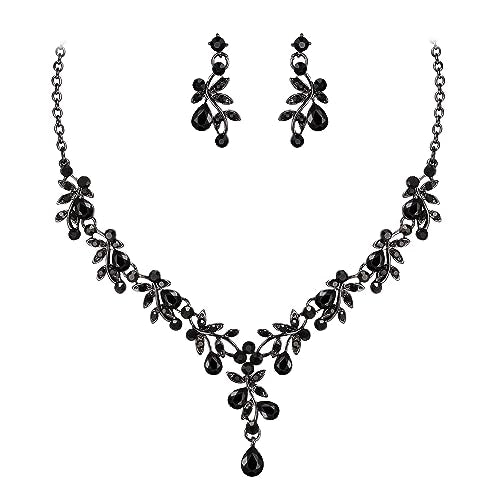 BriLove Wedding Jewelry Set for Women Bride, Y-Necklace Dangle Earrings Crystal Teardrop Leaf Flower Cluster Bridal Bridesmaid - color: 10-Black