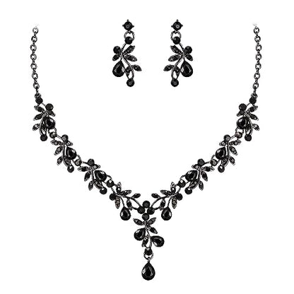 BriLove Wedding Jewelry Set for Women Bride, Y-Necklace Dangle Earrings Crystal Teardrop Leaf Flower Cluster Bridal Bridesmaid - color: 10-Black