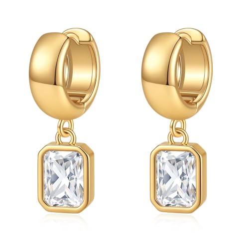 Gold Chunky Dangle Earrings for Women, Bezel Set Cubic Zirconia Charm | 14K Gold Silver Plated, Statement Huggie Hoops Drop Earrings, Trendy Jewelry Gifts, High Grade CZ, Hypoallergenic Lightweight - color: GD-Rectangular CZ Hoop